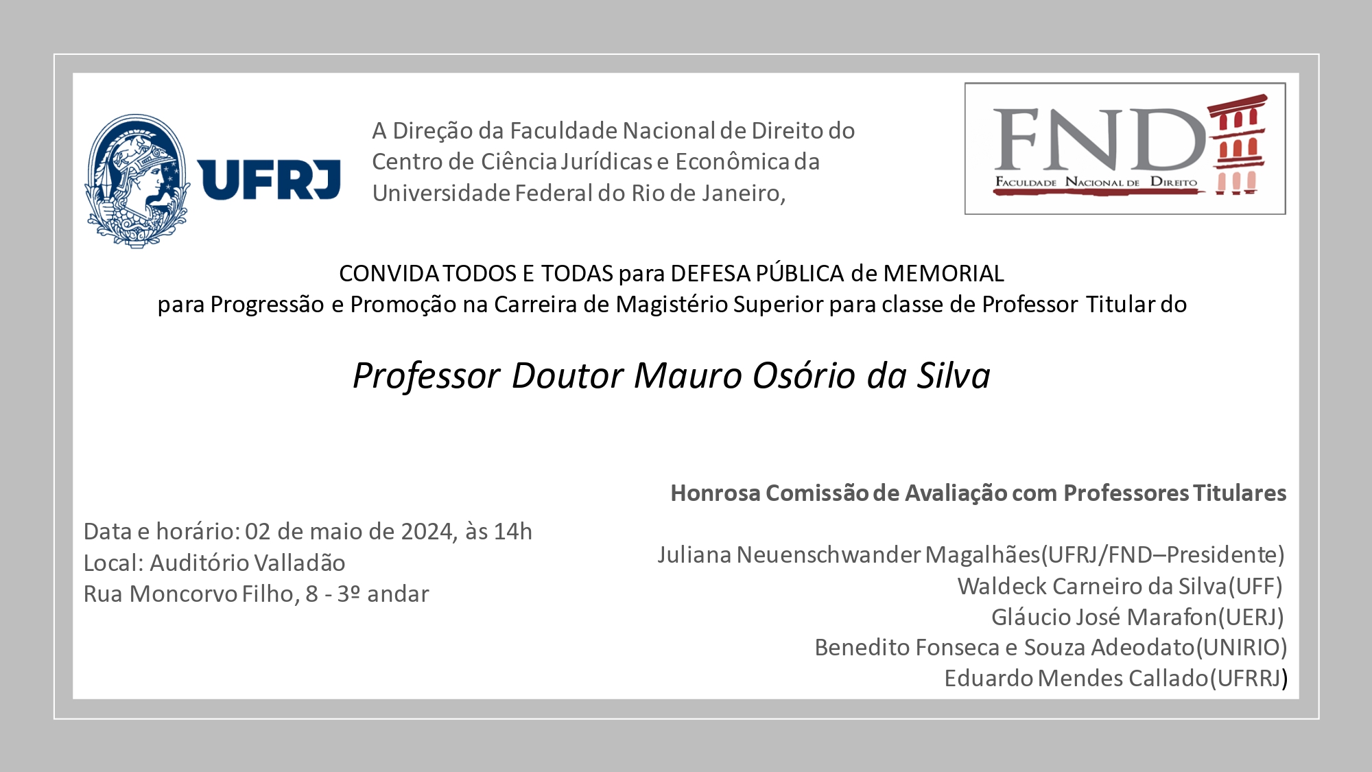 Convite – Evento de Titulação do Professor Mauro Osório da Silva– 02/05/2024